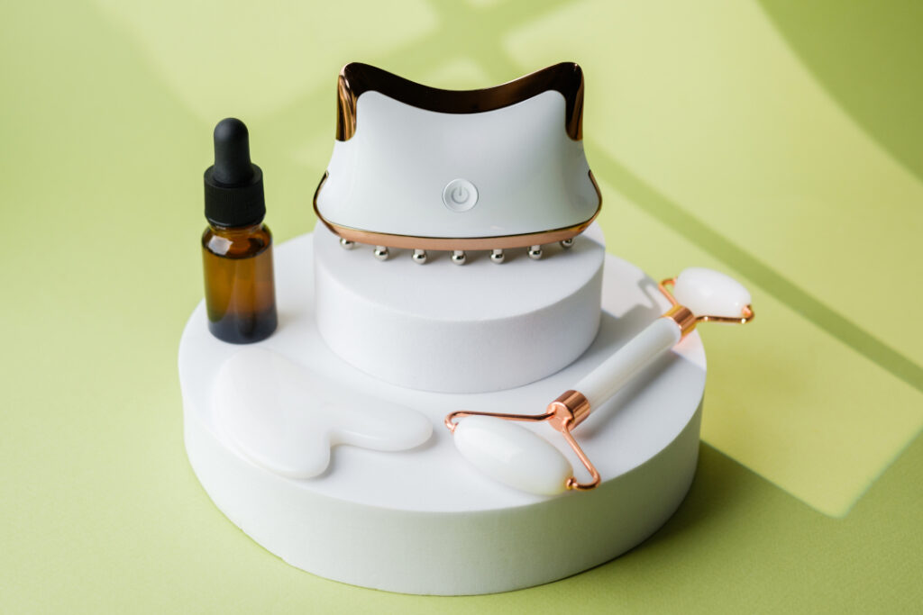white beauty tools on round display stands 2026 03 27 02 08 52 utc